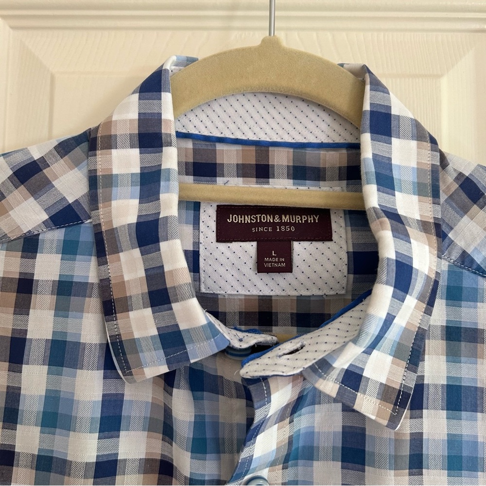 Johnston & Murphy blue and tan check dress shirt - Picture 2 of 8